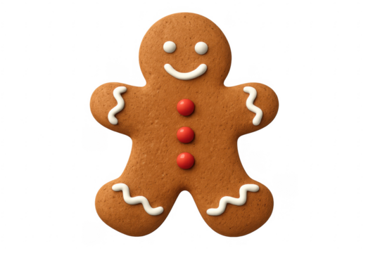 Smiling gingerbread man cookie with transparent background representing christmas festivities - Powered by Adobe