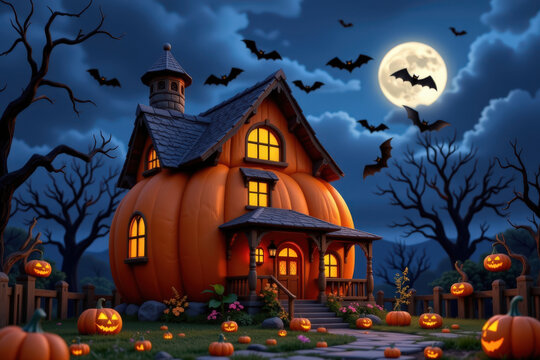 Halloween 3D clay style background. A whimsical pumpkin-shaped house under a full moon, surrounded by bats and jack-o'-lanterns, set in a dark, eerie landscape.
