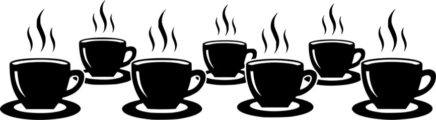 Obraz premium Six steaming coffee cups with hearts saucer