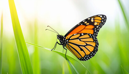 Fototapeta premium Monarch butterfly resting peacefully on vibrant green grass in sunny field