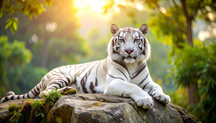 Majestic white tiger resting peacefully on a rock in a sunlit forest
