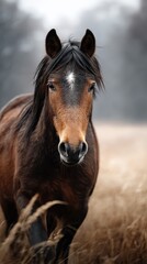 Majestic brown horse walking gracefully through a golden field during a foggy morning in the countryside