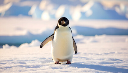 Obraz premium Adelie penguin standing alert on antarctic ice floe in bright sunlight