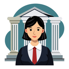Flat vector illustration of professional female lawyer standing with courthouse pillars, modern legal concept, clean design, justice and law theme