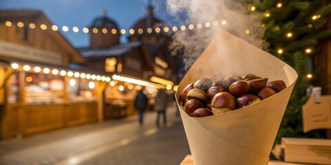 Roasted chestnuts christmas market food stall holiday season festive treat winter warm snack delicious 100
