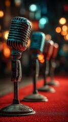 Vintage microphones line a red carpet in a vibrant event space during an evening celebration