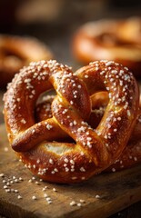 Freshly baked pretzels resting on rustic wooden board