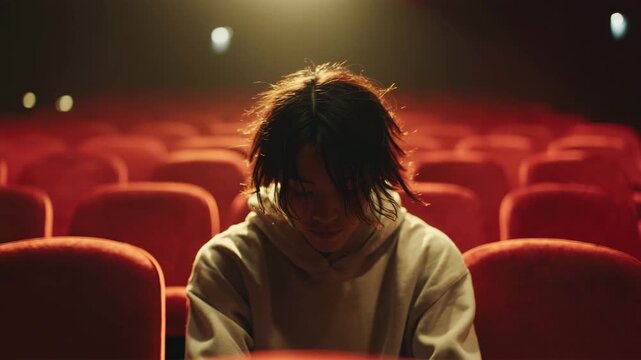 男性が映画館で一人で座る姿