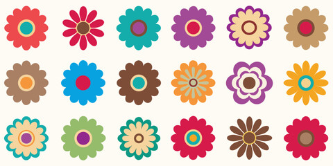 Collection of retro style flowers in various colors and designs