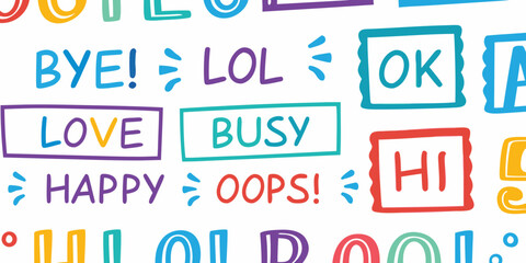 A vibrant and playful collection of handwritten words and phrases in bright cheerful colors