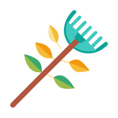 Minimalist color vector illustration of a rake gathering autumn leaves