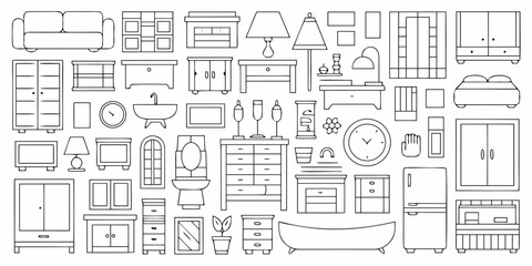 Collection of outline furniture and home decor items for interior design and illustration