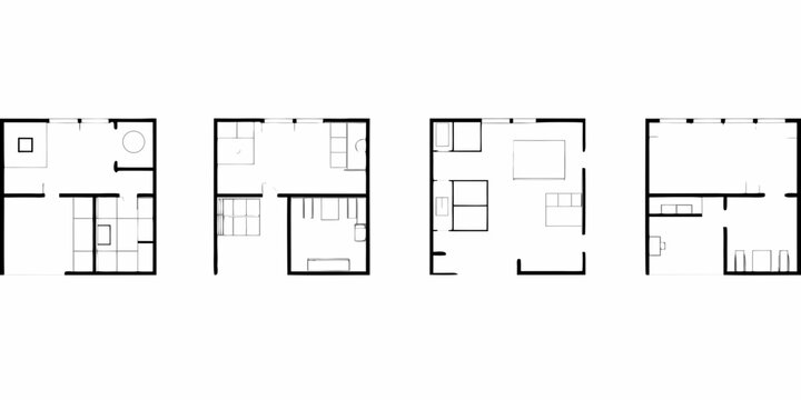 Collection of simplified black and white floor plan layouts for residential apartments and homes