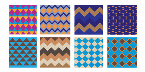 Fototapeta premium Collection of eight colorful geometric patterns with zigzags diamonds and triangles