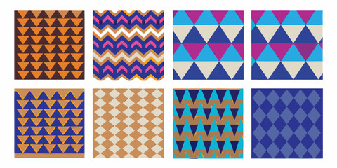 Collection of eight geometric patterns featuring triangles and zigzag designs in various color palettes