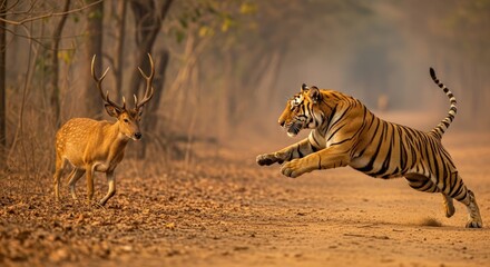 Dramatic Wildlife Moment: Bengal Tiger Leaping Towards Spotted Deer in Indian Jungle