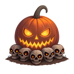 Fototapeta premium Spooky carved halloween pumpkin with glowing eyes surrounded by small skulls on a dark background isolated on transparent background