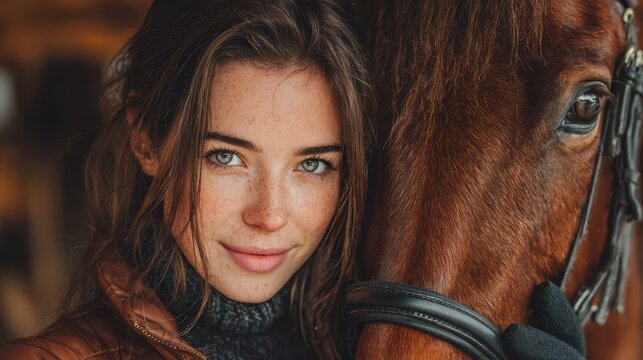 Young woman interacts with a horse in a rustic stable during golden hour, showcasing a bond with nature