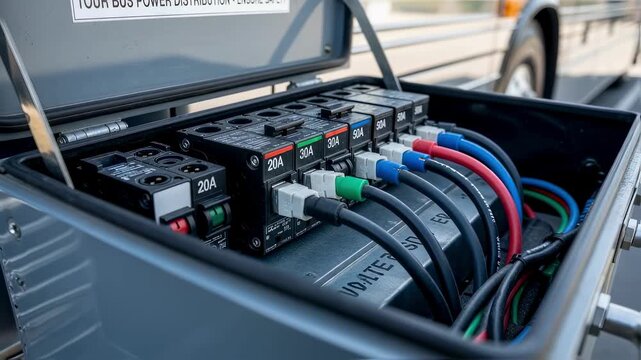 Detailed shot of a shorepower distro tiein box with multiple circuit breakers and cables connected ensuring safe energy distribution for a tour bus.