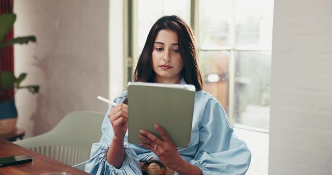 Business, tablet and woman in office, stylus or creative agency with editing for manuscript. Person, employee or editor in workplace, internet or tech with email, proofreading and app for grammar