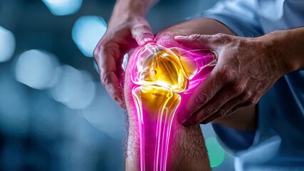 Close-up of a person holding their knee with highlighted digital overlay showing joint pain and injury - Powered by Adobe