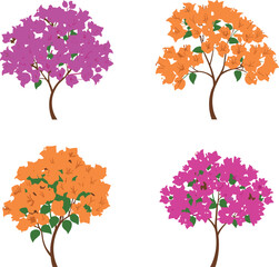 Flowering trees with pink and orange blossoms, green leaves, stylized botanical vector illustration, seasonal nature design for spring, summer, garden, landscape, and decorative themes
