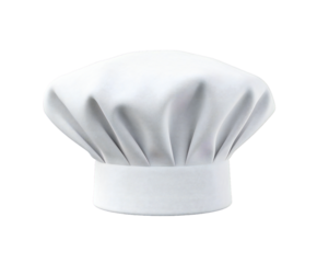 A classic white chefs hat, also known as a toque blanche, isolated on a clean transparent background, representing culinary arts and professional cooking