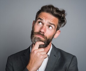 A man with a thoughtful expression, contemplating something, looks upward against a neutral background.