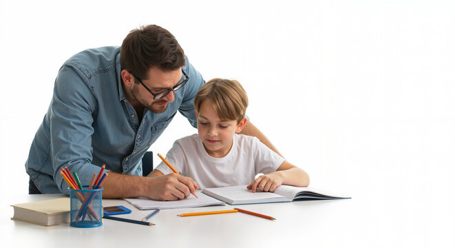 Dad helping son with math homework at white desk, father guides boy with pencil and notebook, learning together, supportive parenting, education concept, minimal bright background, family bonding