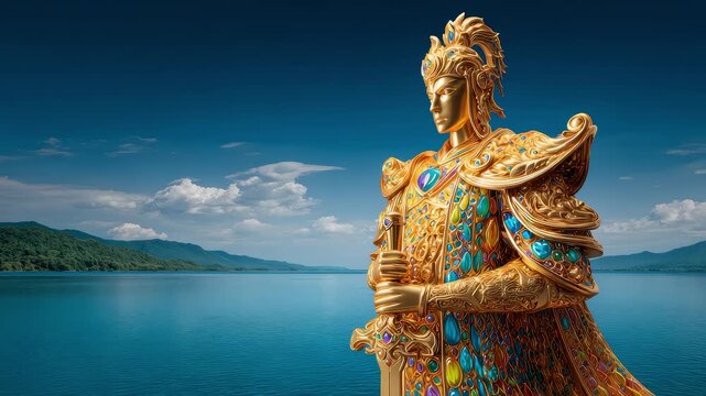 Guardian Statue Standing Between Water and Sky in Lake Scenery