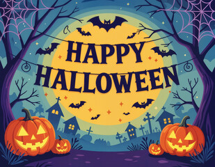 Halloween background with pumpkins, bats and moon. 