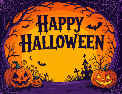 Halloween background with pumpkins and bats. 