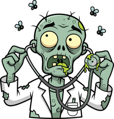 Funny zombie doctor using stethoscope with flies buzzing, cartoon character, medical humor, creepy undead, science