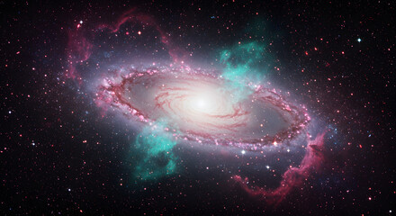 Spiral Galaxy with Vibrant Pink and Blue Nebulae in a Starlit Cosmic Background