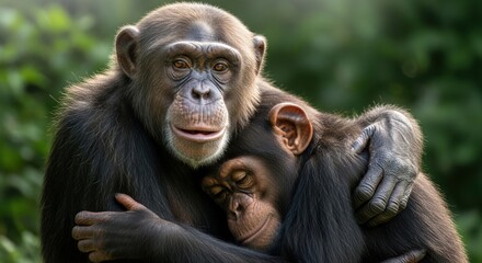 Naklejka premium Affectionate Chimpanzee Mother Hugging Baby, Close-up Portrait