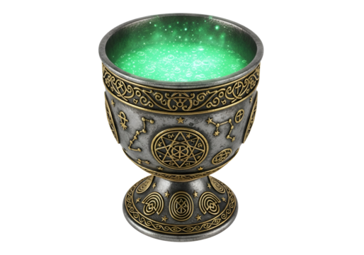 Ornate, metallic chalice filled with glowing green liquid, showcasing intricate, symbolic designs.