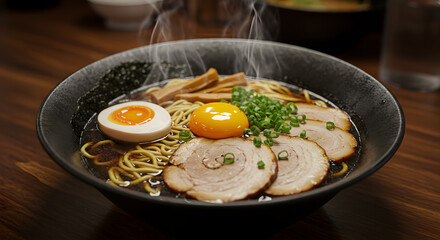 Steaming Black Bowl of Delicious Ramen with Egg Noodles and Pork on Dark Wood Tabletop Warm Light