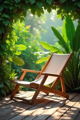 Obraz premium Relaxing view of a deck chair encircled by lush tropical foliage, sunlight dappling through leaves onto the woven fabric Perfect for summer, vacation, and relaxation themes , relaxation, paradise