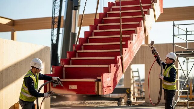 Workers applying fireretardant coatings to a CLT staircore prefab lift demonstrating commitment to safety compliance in timber building systems.