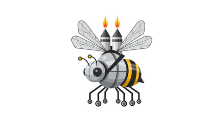A surreal illustration of a robotic bee with two burning candles strapped to its back.