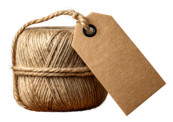 Isolated blank kraft paper tag, a rectangular price ag with a reinforced hole nd natural jute twine