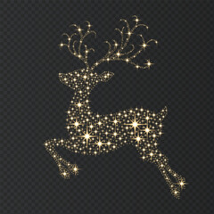 Christmas golden glowing  reindeer decorated with sparks, light effect.