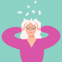 Frustrated elderly woman suffers from migraine, memory loss, dementia.