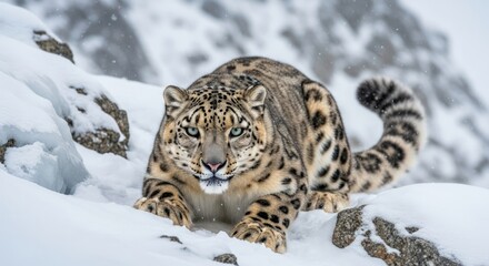 Obraz premium Magnificent Snow Leopard Crouching in Snowy Mountain Habitat