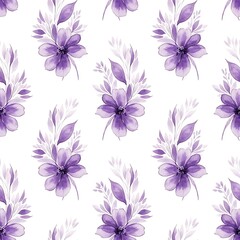 Seamless Pattern of Delicate Purple Watercolor Flowers and Leaves on a White Background.