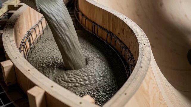 Slowmotion shot of concrete flowing from a chute into the skateboard bowls curved formwork highlighting fluid movement and craftsmanship.