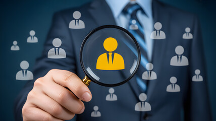 Professional zooming in on ideal candidate with magnifying glass, finding perfect employee for team