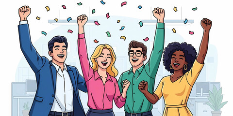 Excited diverse group of young professionals cheering and celebrating a major success together in a modern office with falling confetti.
