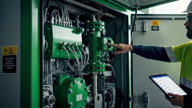 Technicians inspecting green hydrogen electrolyser skid highlighting maintenance procedures and safety protocols in sustainable energy systems.