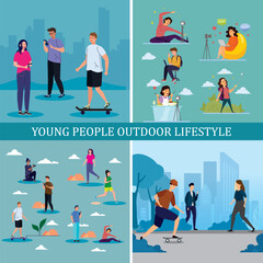 Illustration of young people enjoying different outdoor activities, including skateboarding, walking, exercising, and creating digital content in natural and urban settings.
